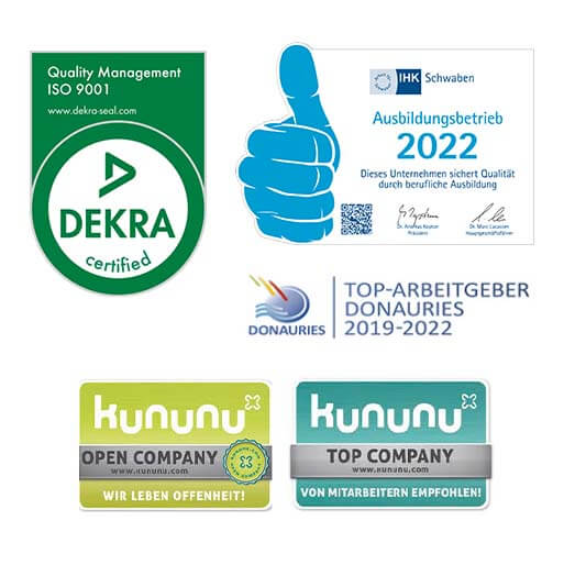 AvJS Personal Auszeichnungen: DEKRA, IHK Ausbildungsbetrieb, Top Arbeitgeber Donauries, Kununu